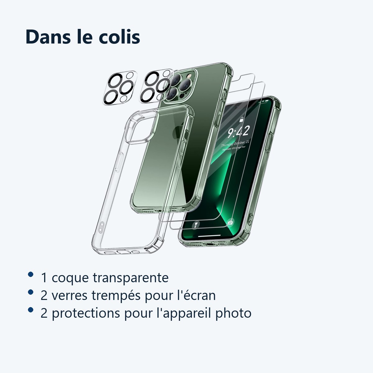 Contenu du colis – Coque Silicone Transparente Angles Renforces + Verres Trempes et Protections Camera Arriere X2 Pour iPhone
