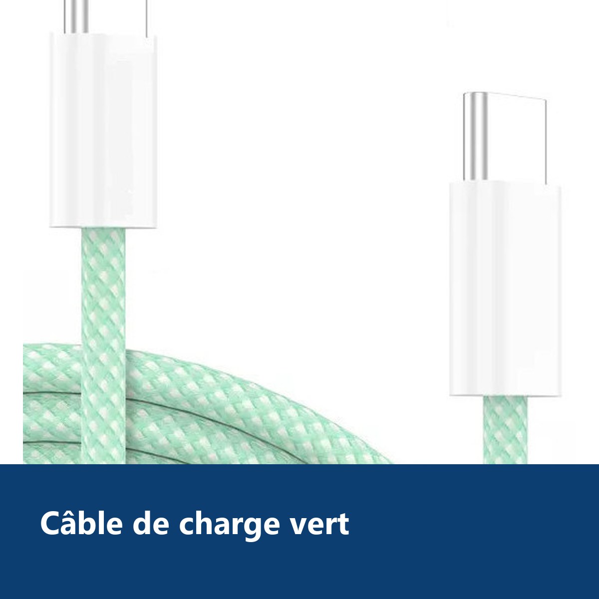 Vue de détail – Cables X2 Type-C / Type-C Charge Rapide 3A Nylon Renforce Vert 1M Pour Smartphone Xiaomi / Oppo / Vivo / Real