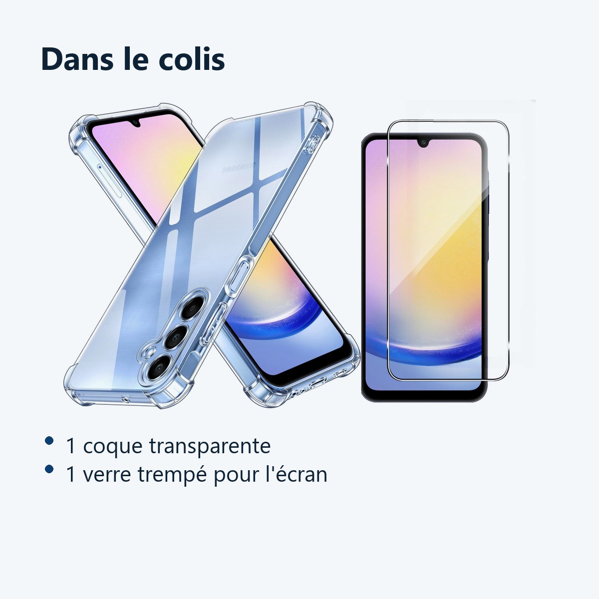 Contenu du colis – Coque Pour Samsung Galaxy A25 5G Silicone Transparente Angles Renforces + Verre Trempe