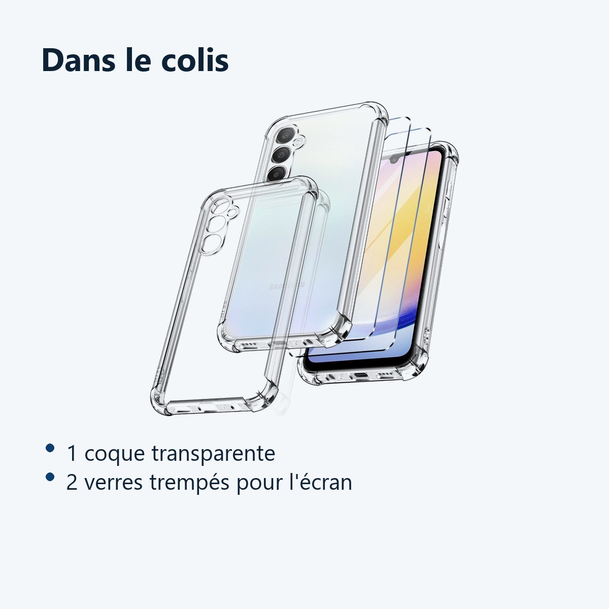 Contenu du colis – Coque Pour Samsung Galaxy A25 5G Silicone Transparente Angles Renforces + 2 Verres Trempes