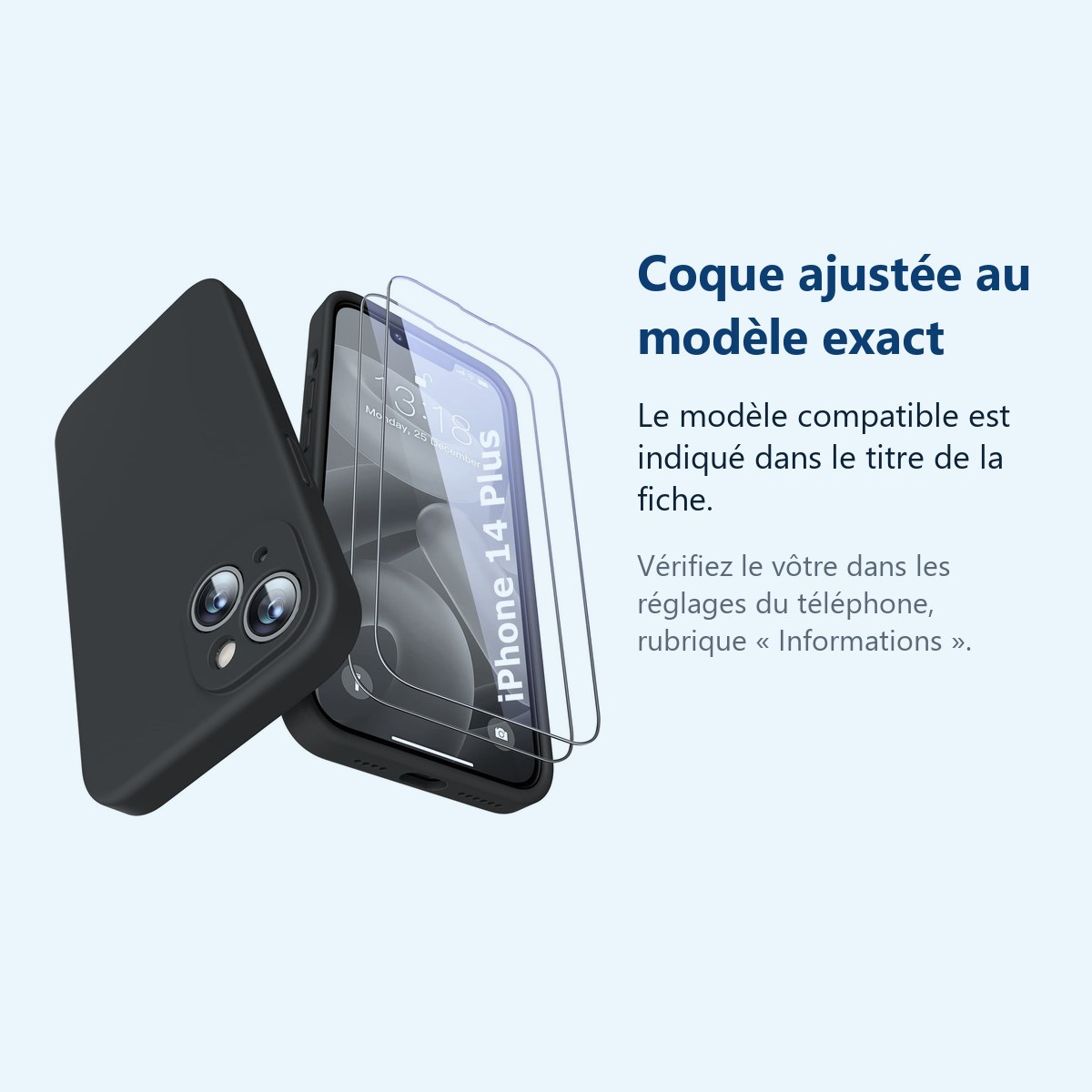 Accessoire ajusté au modèle exact – Coque Pour iPhone 14 Plus Silicone Noir + 2 Verres Trempes