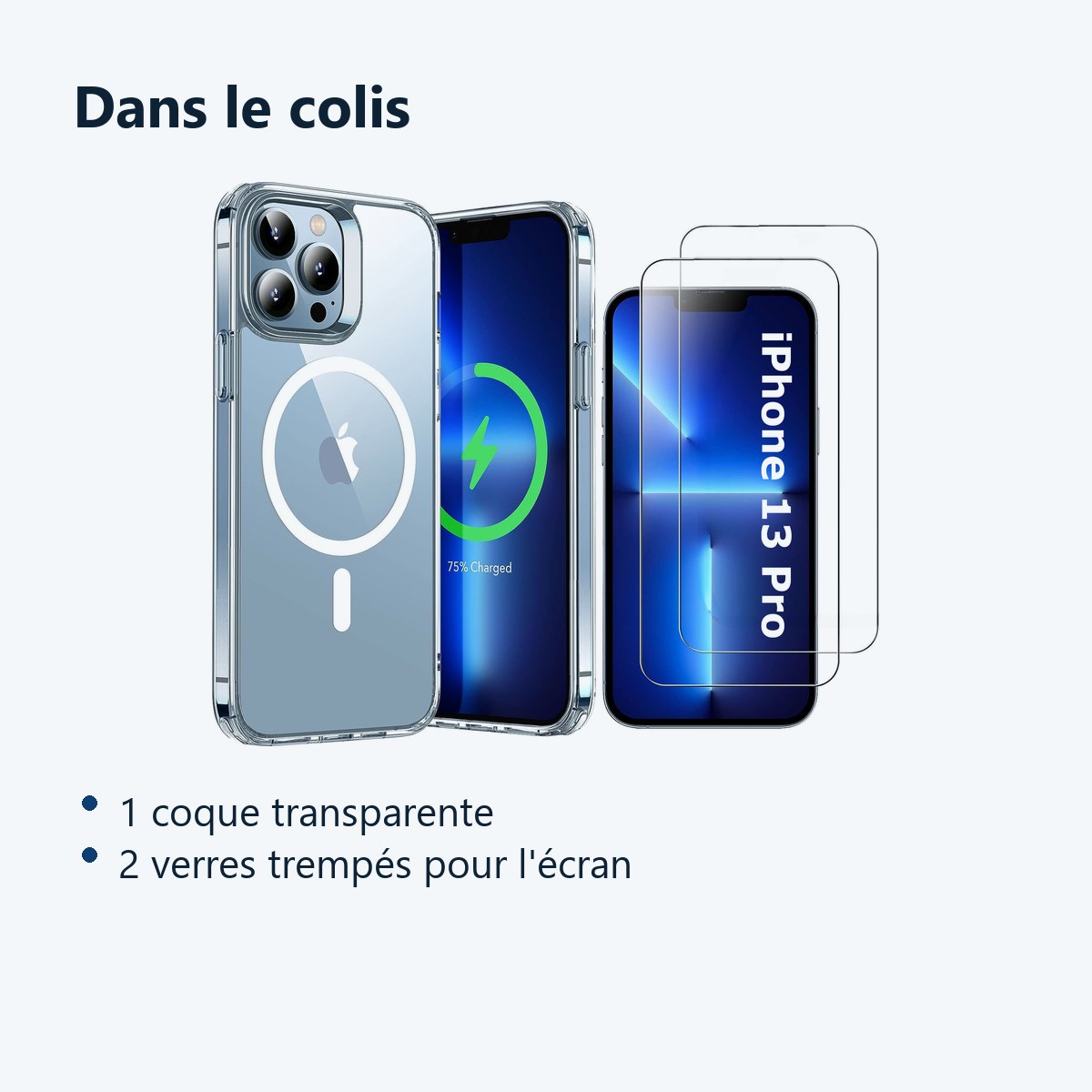 Contenu du colis – Coque Silicone Transparente Compatible Magsafe + 2 Verres Trempes Pour iPhone 13 Pro