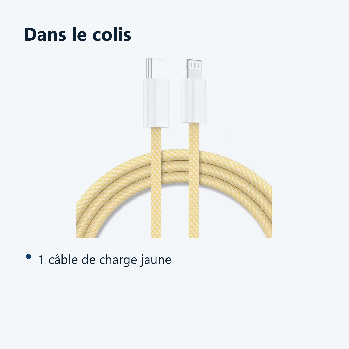 Contenu du colis – Cable Type-C Charge Rapide 3A Nylon Renforce Jaune 1m Pour iPhone 8 / X / XR / 11 / 12 / 13 / SE 2022
