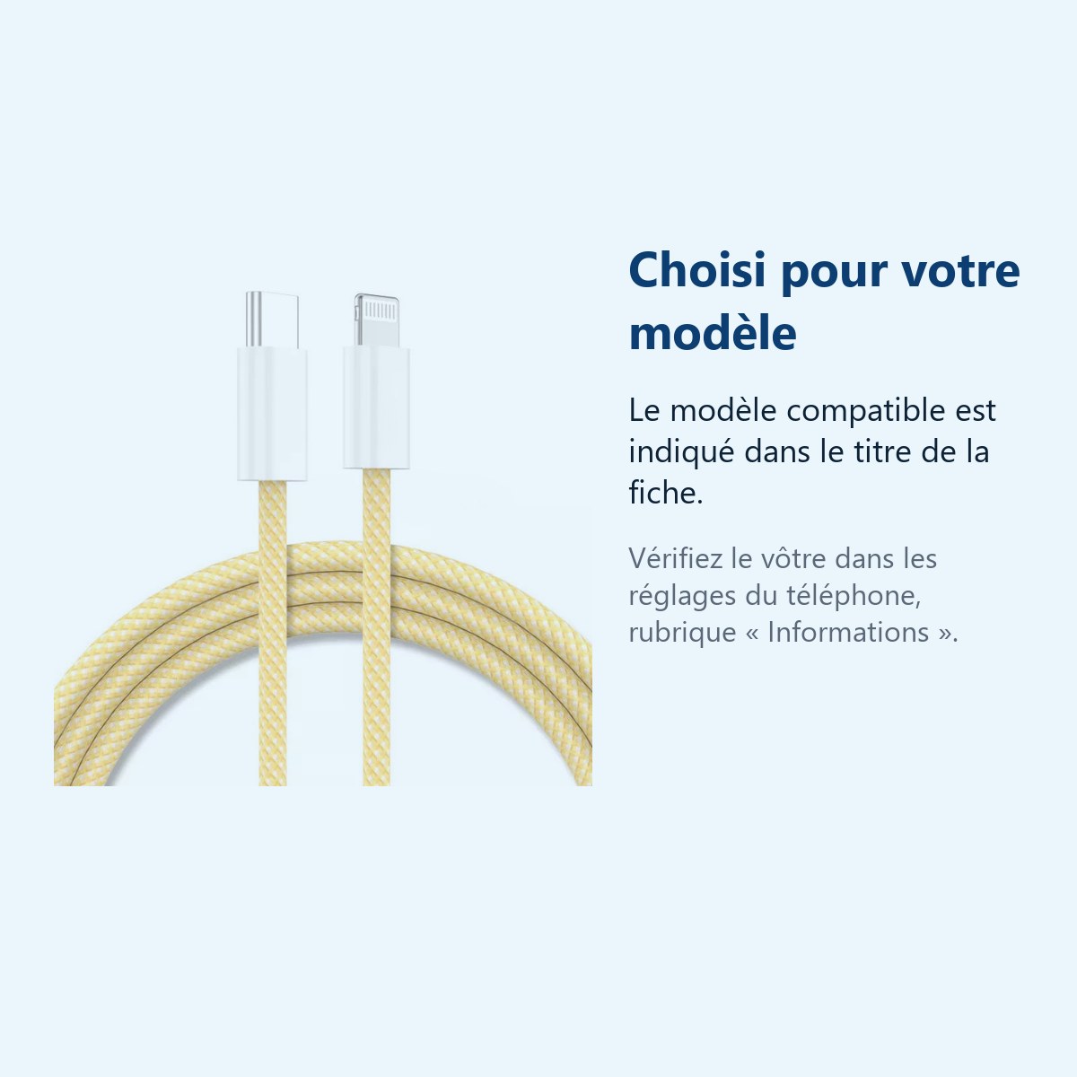 Accessoire ajusté au modèle exact – Cable Type-C Charge Rapide 3A Nylon Renforce Jaune 1m Pour iPhone 8 / X / XR / 11 / 12 /