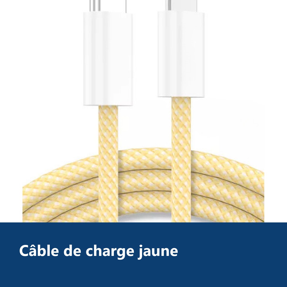 Vue de détail – Cable Type-C Charge Rapide 3A Nylon Renforce Jaune 1m Pour iPhone 8 / X / XR / 11 / 12 / 13 / SE 2022