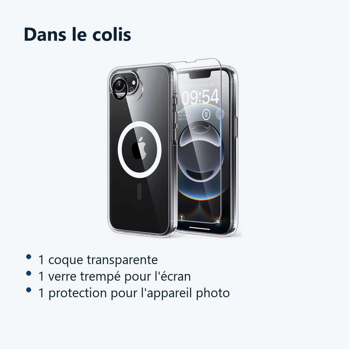 Contenu du colis – Coque Silicone Transparente Compatible Magsafe + Verre Trempe et Protection Camera Arriere Pour iPhone 16e