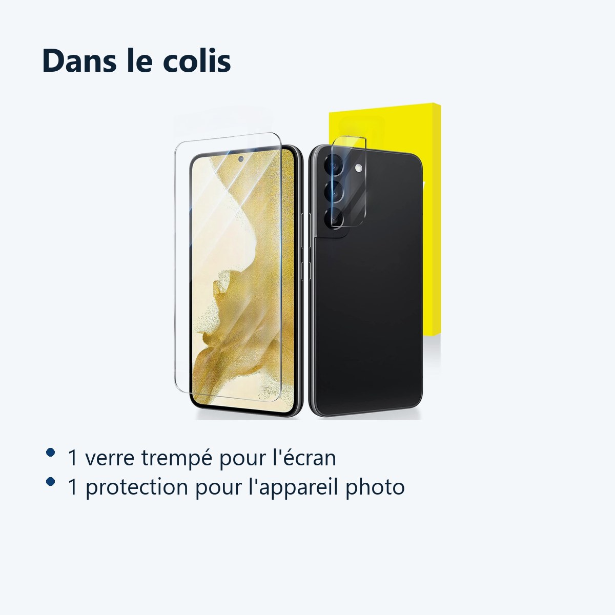 Contenu du colis – Verre Trempe et Protection Camera Arriere Transparent Pour Samsung Galaxy S22 Plus