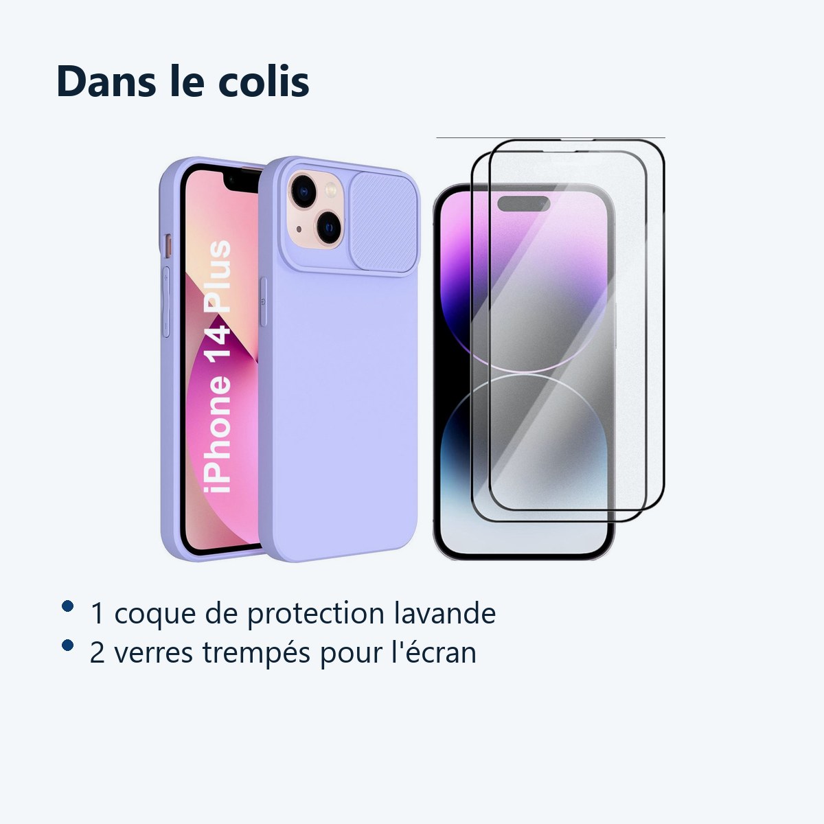 Contenu du colis – Coque Cam Slide couleur Lavande + 2 Verres Trempes Pour iPhone 14 Plus