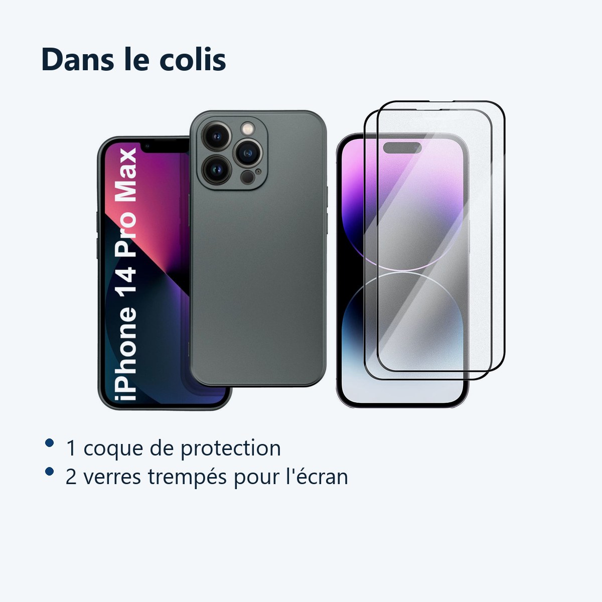 Contenu du colis – Coque Metal couleur Argent + 2 Verres Trempes Pour iPhone 14 Pro Max
