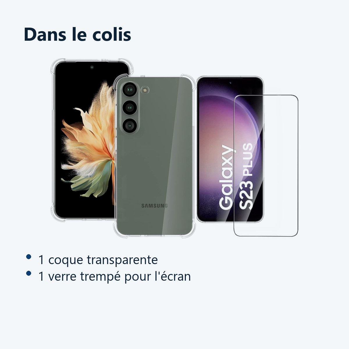 Contenu du colis – Coque Transparente Antichoc Angles Renforcés pour Samsung Galaxy S23 Plus + Verre Trempé –