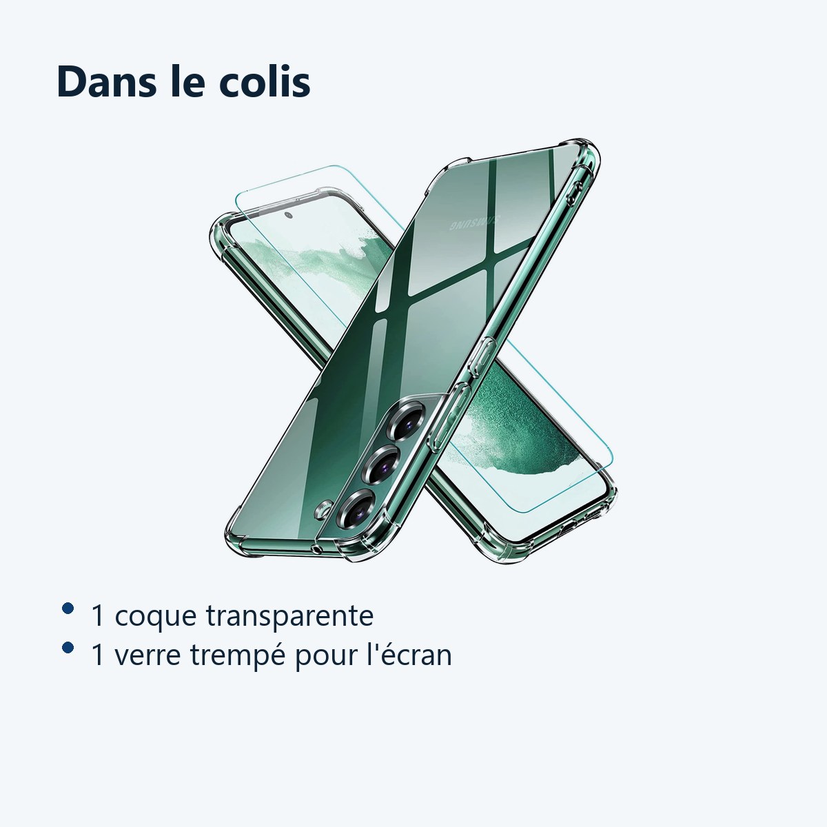 Contenu du colis – Coque Silicone Transparente Angles Renforces + Verre Trempe Pour Samsung Galaxy S22 Plus 5G