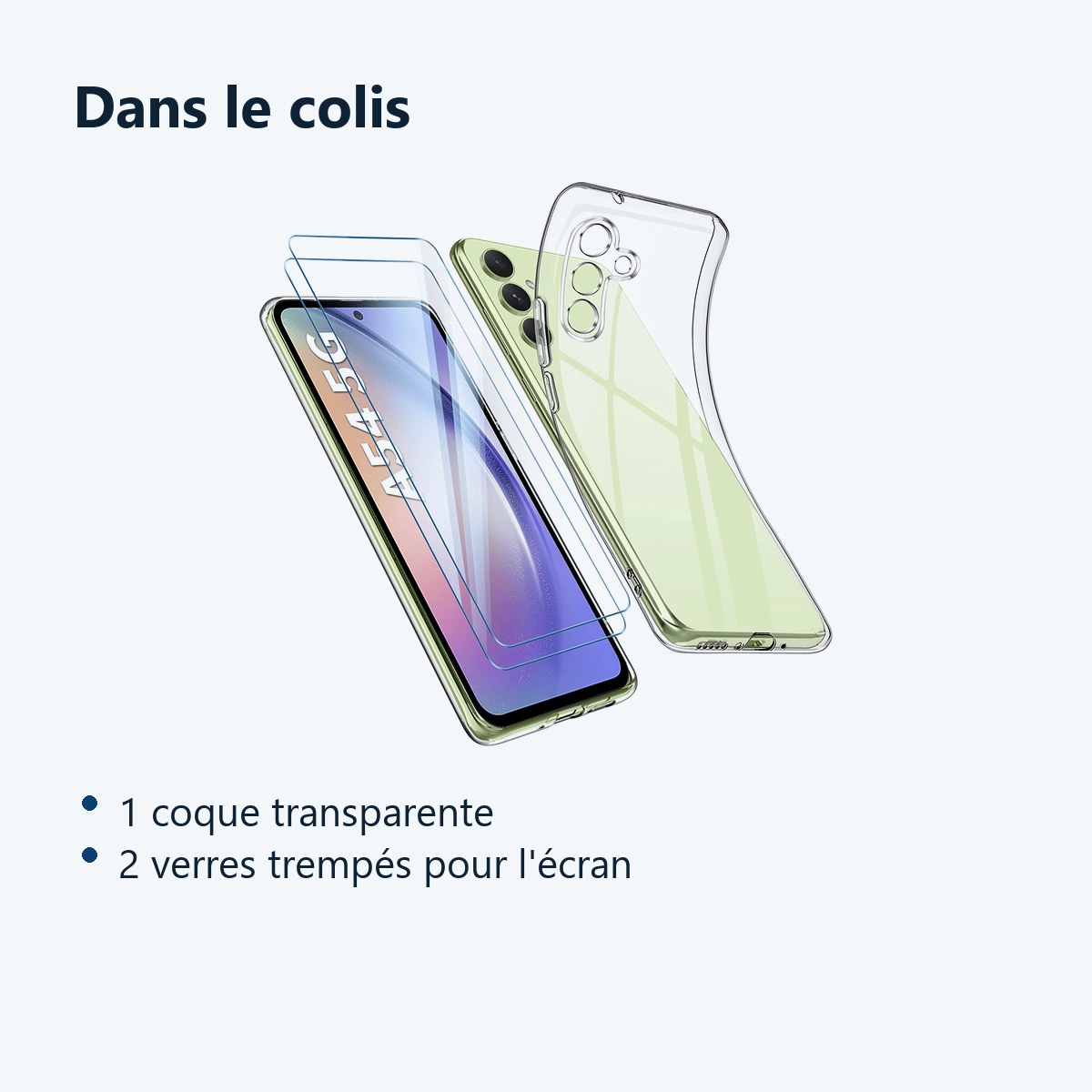 Contenu du colis – Coque Silicone Transparente + 2 Verres Trempes Pour Samsung Galaxy A54 5G