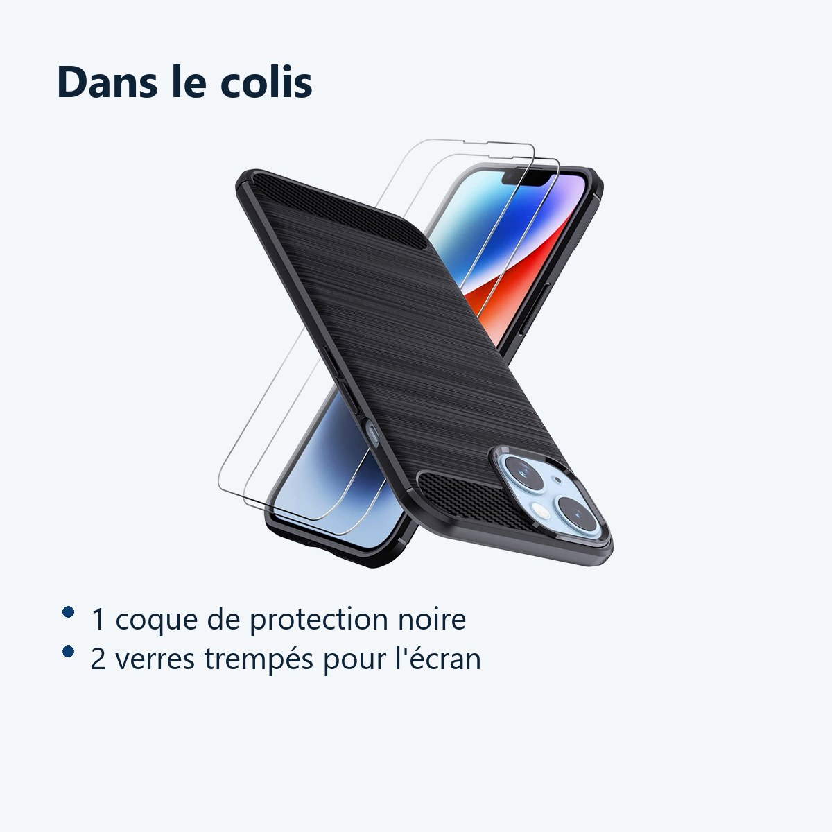 Contenu du colis – Coque en Carbone Noire + 2 Verres Trempes Pour Iphone 14 Plus