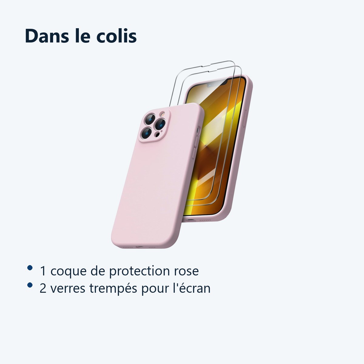 Contenu du colis – Coque Rose pour iPhone 13 Pro (6,1 pouces) et 2 Verres Trempé Film Protection Ecran