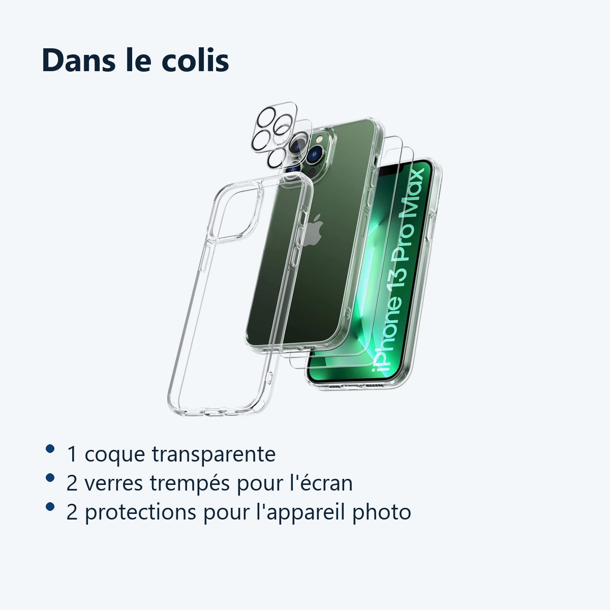 Contenu du colis – Coque Silicone Transparente + Verres Trempes et Protections Camera Arriere X2 Pour iPhone 13 Pro Max