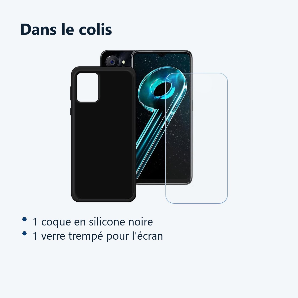 Contenu du colis – Coque Silicone Noir + Verre Trempe Pour Realme 9i 5G / 10 5G