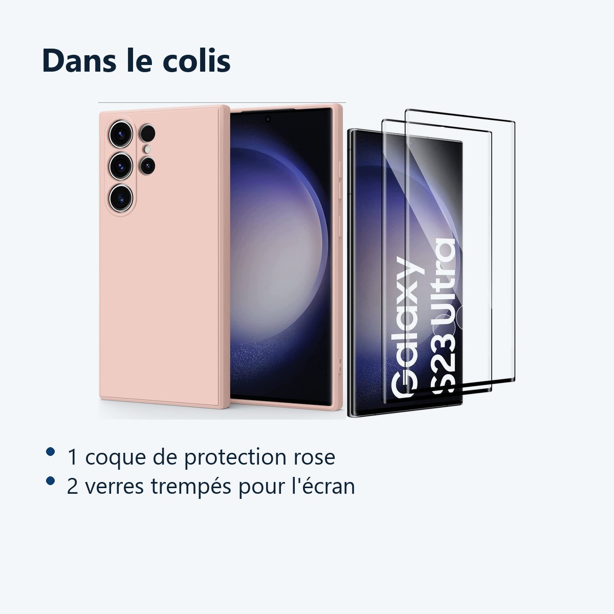 Contenu du colis – Coque Rose pour Samsung Galaxy S23 Ultra (6,8 pouces) et 2 Verres Trempé Film Protection Ecran