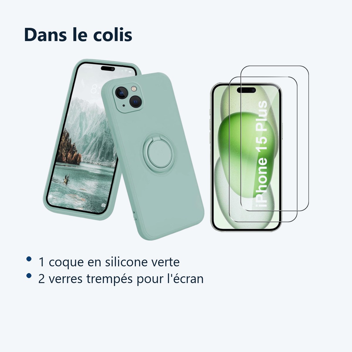 Contenu du colis – Coque Silicone Pour iPhone 15 Plus Couleur Vert Avec Anneau Support + 2 Verres Trempe Protection Ecran