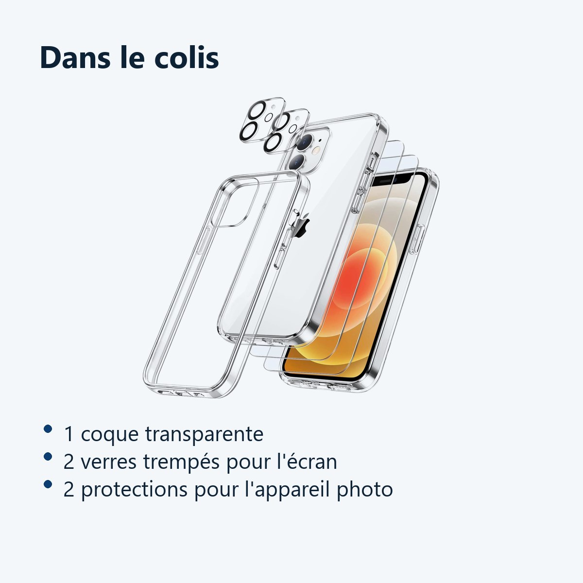 Contenu du colis – Coque Silicone Transparente + Verres Trempes et Protections Camera Arriere X2 Pour iPhone 12