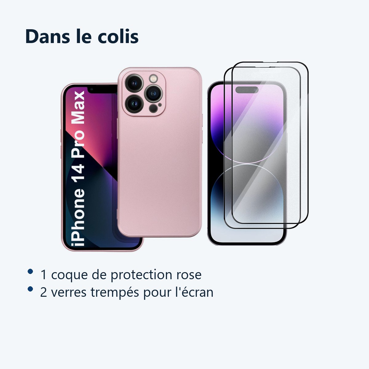 Contenu du colis – Coque Metal couleur Rose + 2 Verres Trempes Pour iPhone 14 Pro Max