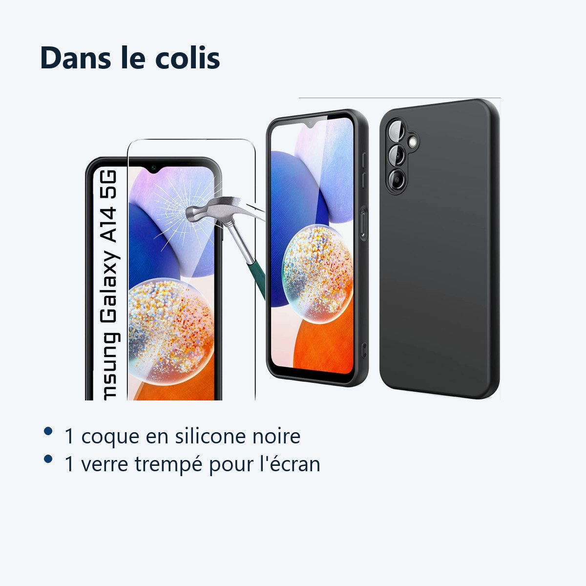 Contenu du colis – Coque Silicone Noir + Verre Trempe Pour Samsung Galaxy A14 4G / 5G
