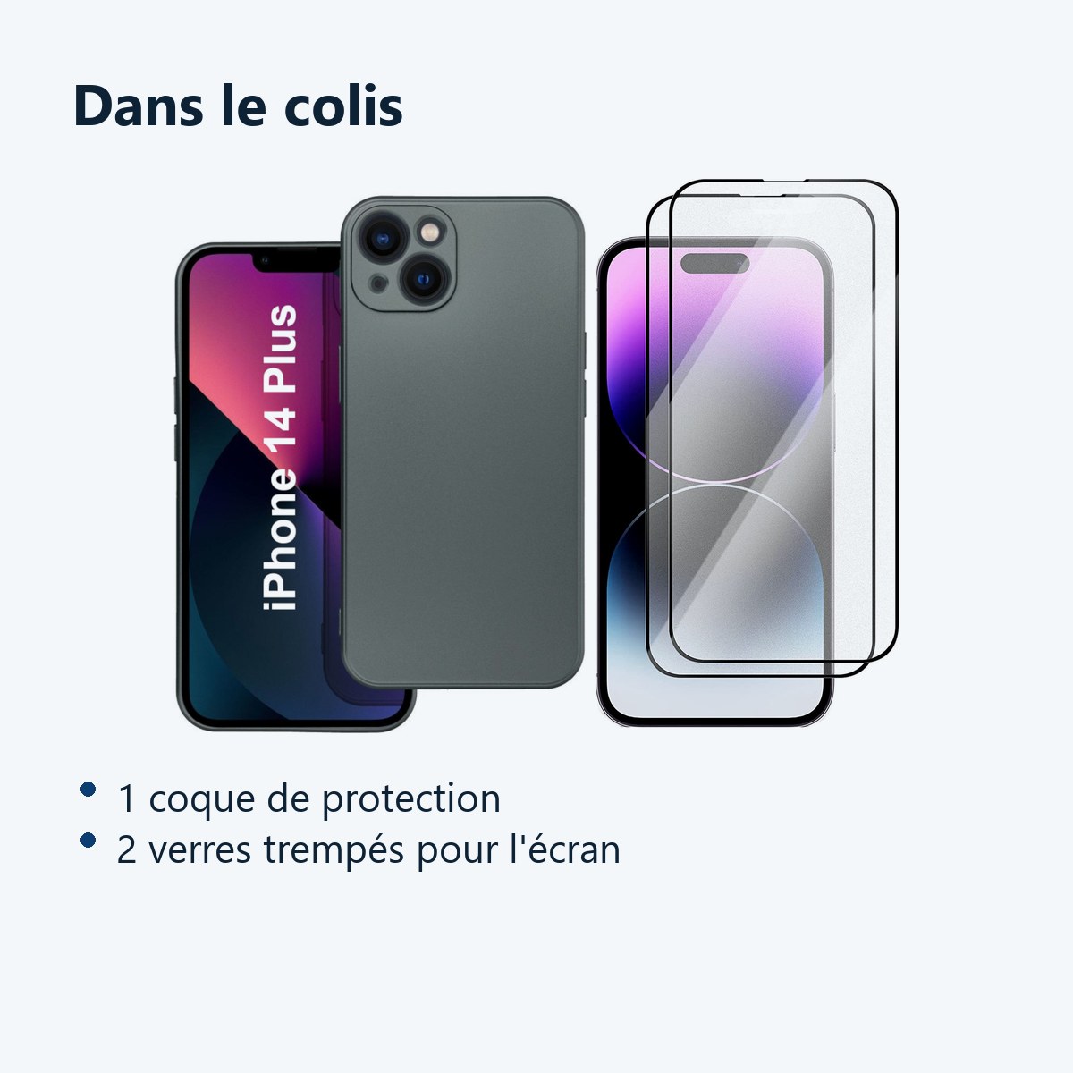 Contenu du colis – Coque Metal couleur Argent + 2 Verres Trempes Pour iPhone 14 Plus