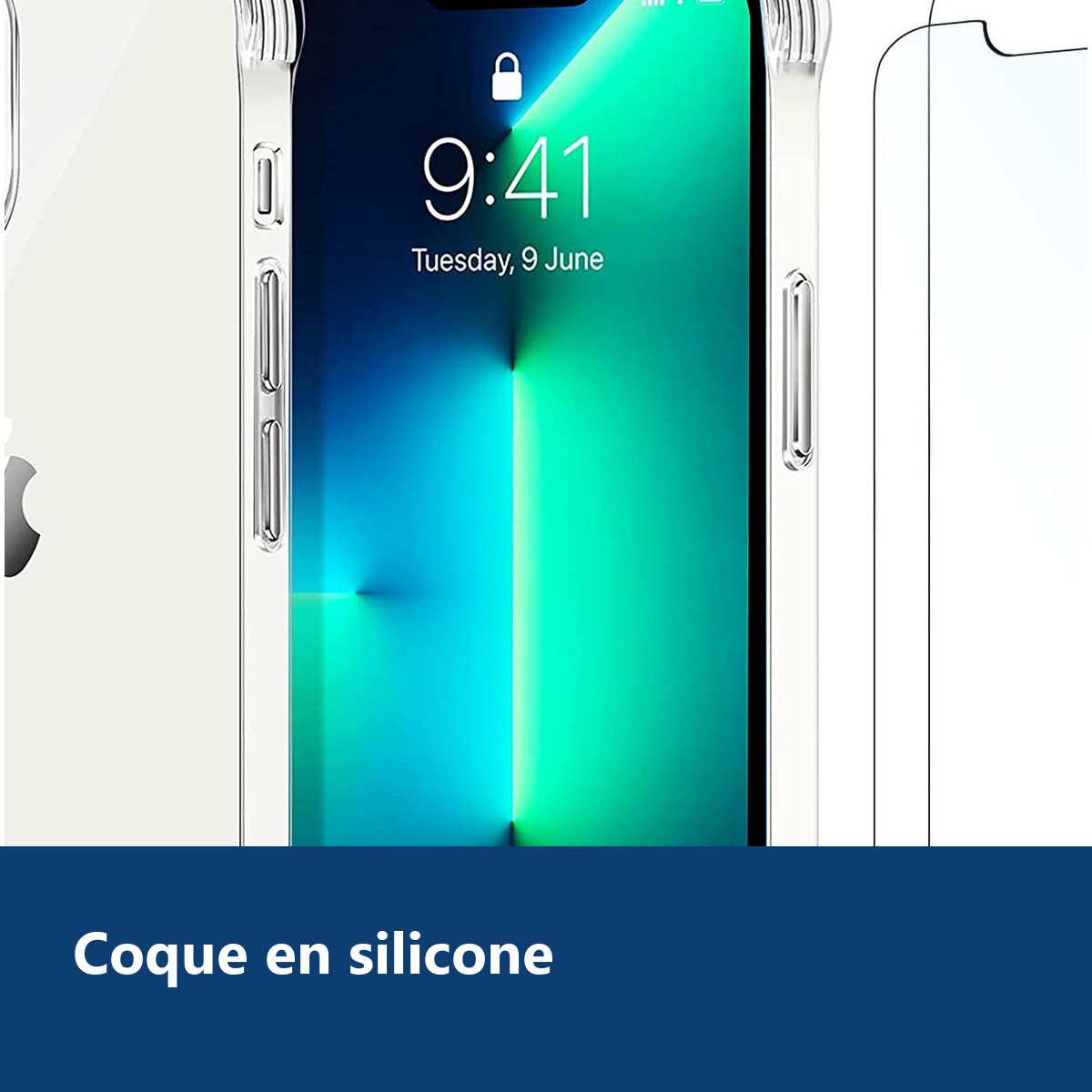 Vue de détail – Coque Silicone Transparent 4 Coins Renforces Pour iPhone 13 + 2 Verres Trempes