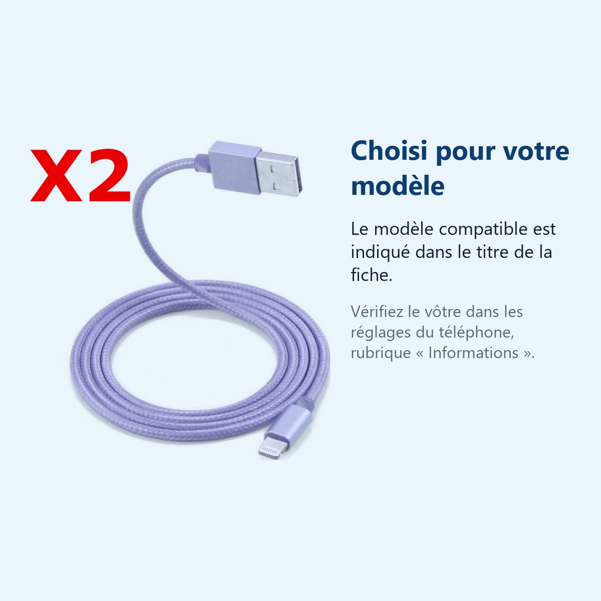 Accessoire ajusté au modèle exact – 2 Câble Metal Nylon Renforcé Chargeur USB Couleur Argent pour IPhone 1,5m Tréssé Compatib