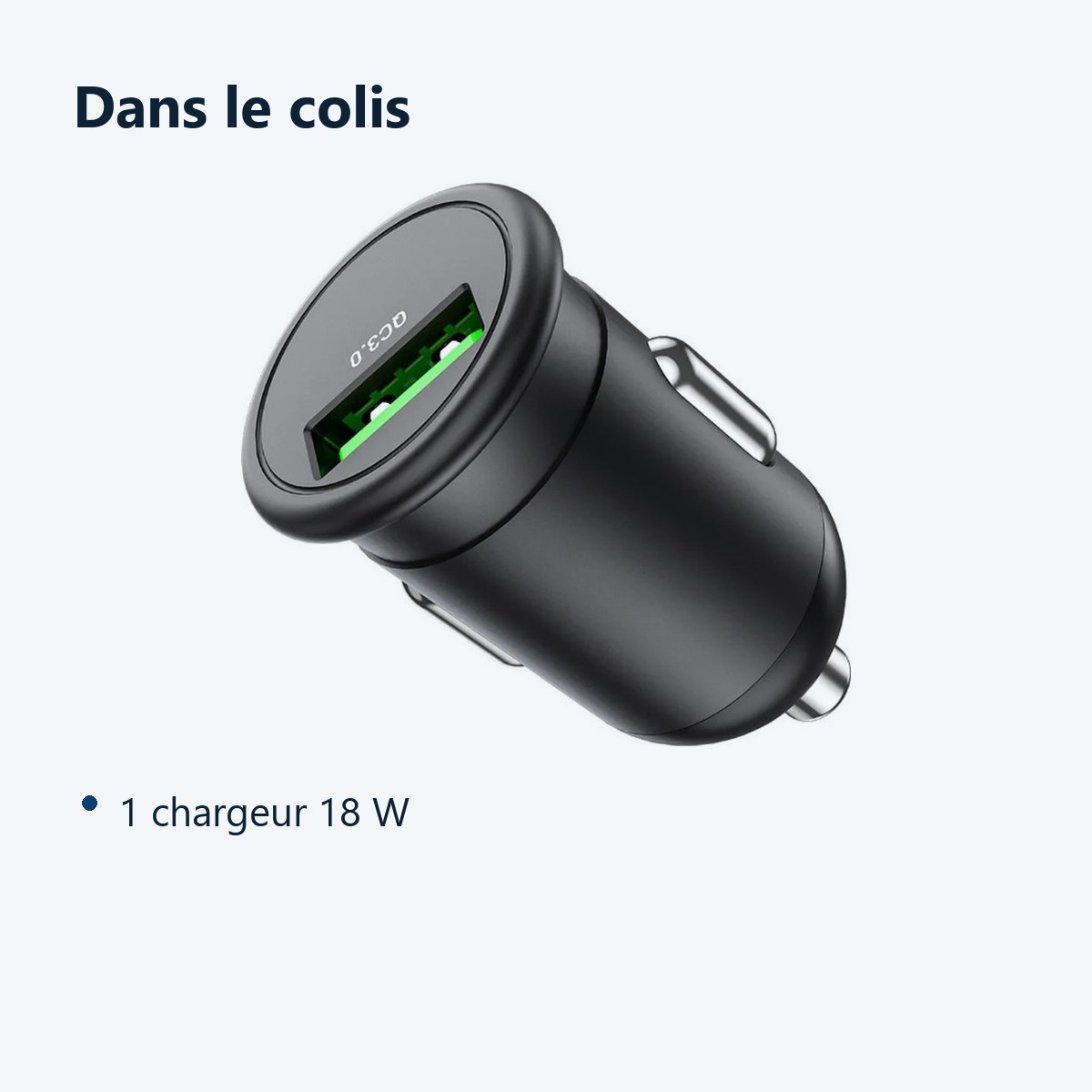 Contenu du colis – Chargeur voiture USB QC 3.0 PD 18W 3A pour iPhone X / Xr / 11 / 12 / 13