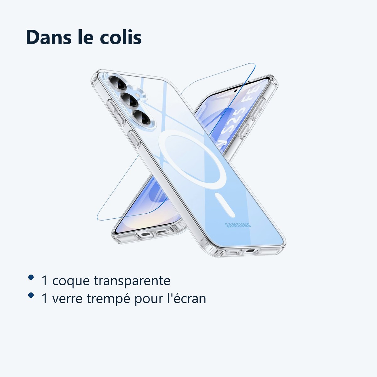 Contenu du colis – Coque Silicone Transparente Compatible Magsafe + Verre Trempe Pour Samsung Galaxy S25 FE