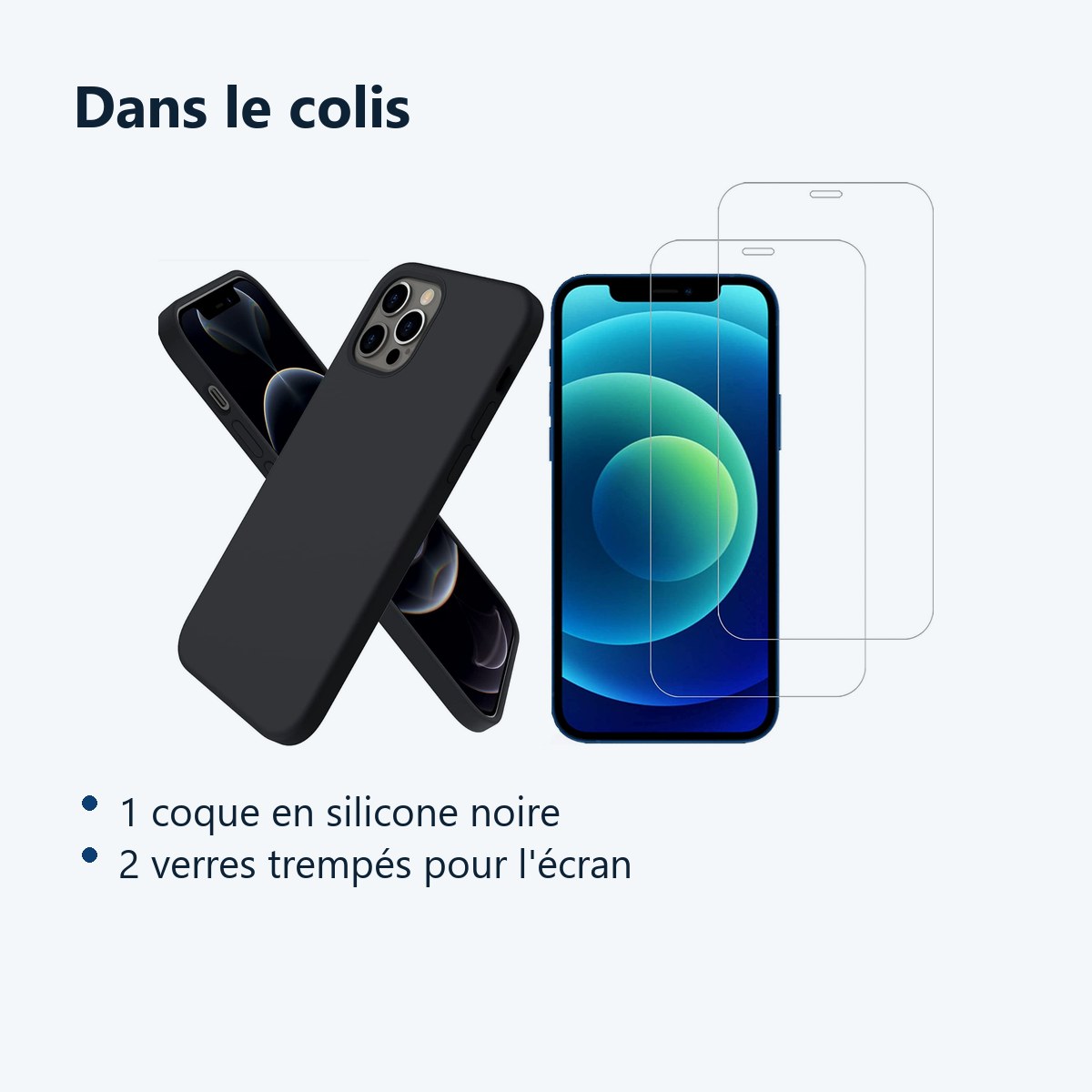 Contenu du colis – Coque Pour iPhone 12 - 12 Pro Silicone Noire + 2 Verres Trempes