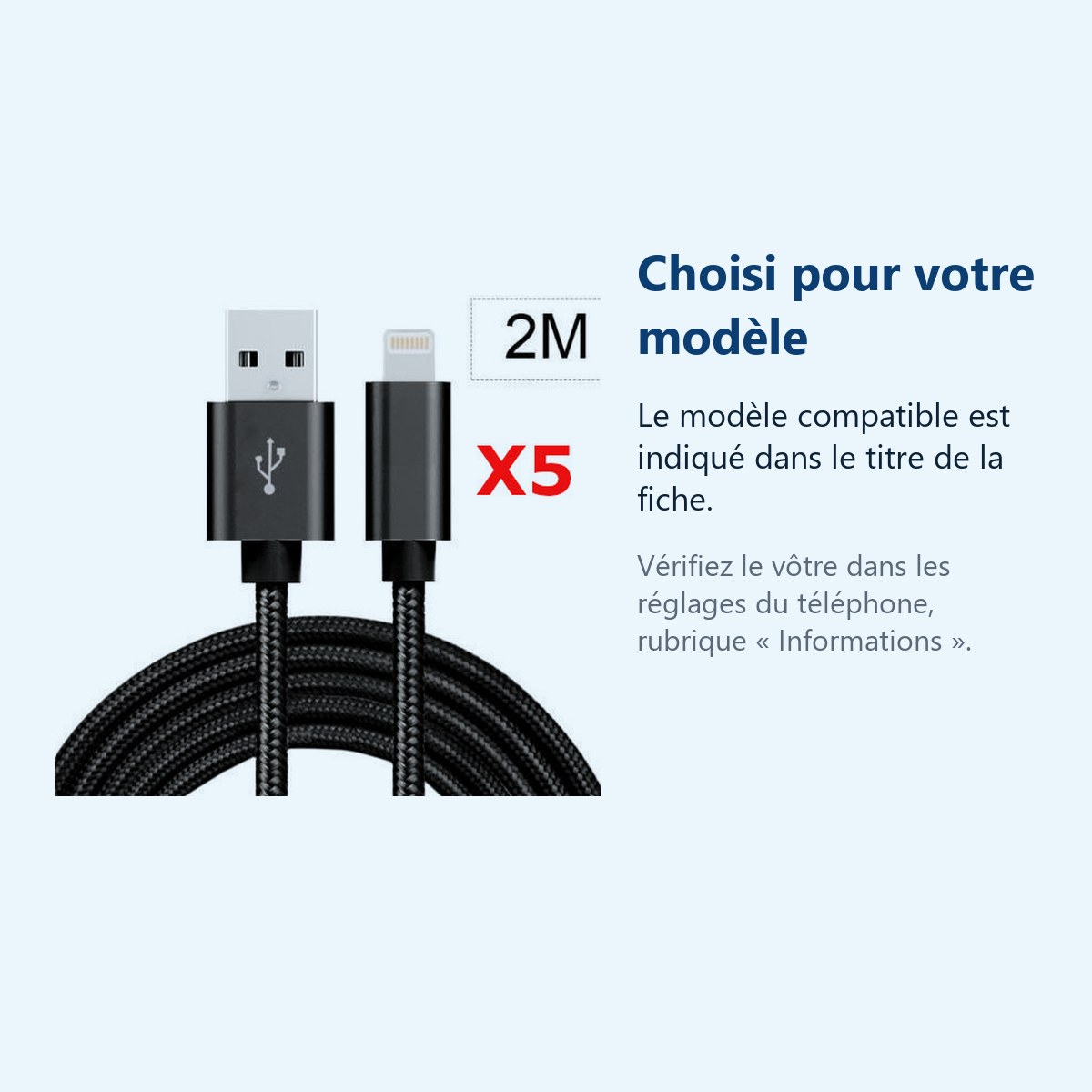 Accessoire ajusté au modèle exact – X5 Cable Metal Nylon Renforce Chargeur USB Couleur Noir pour IPhone Longueur 2m Tréssé Co