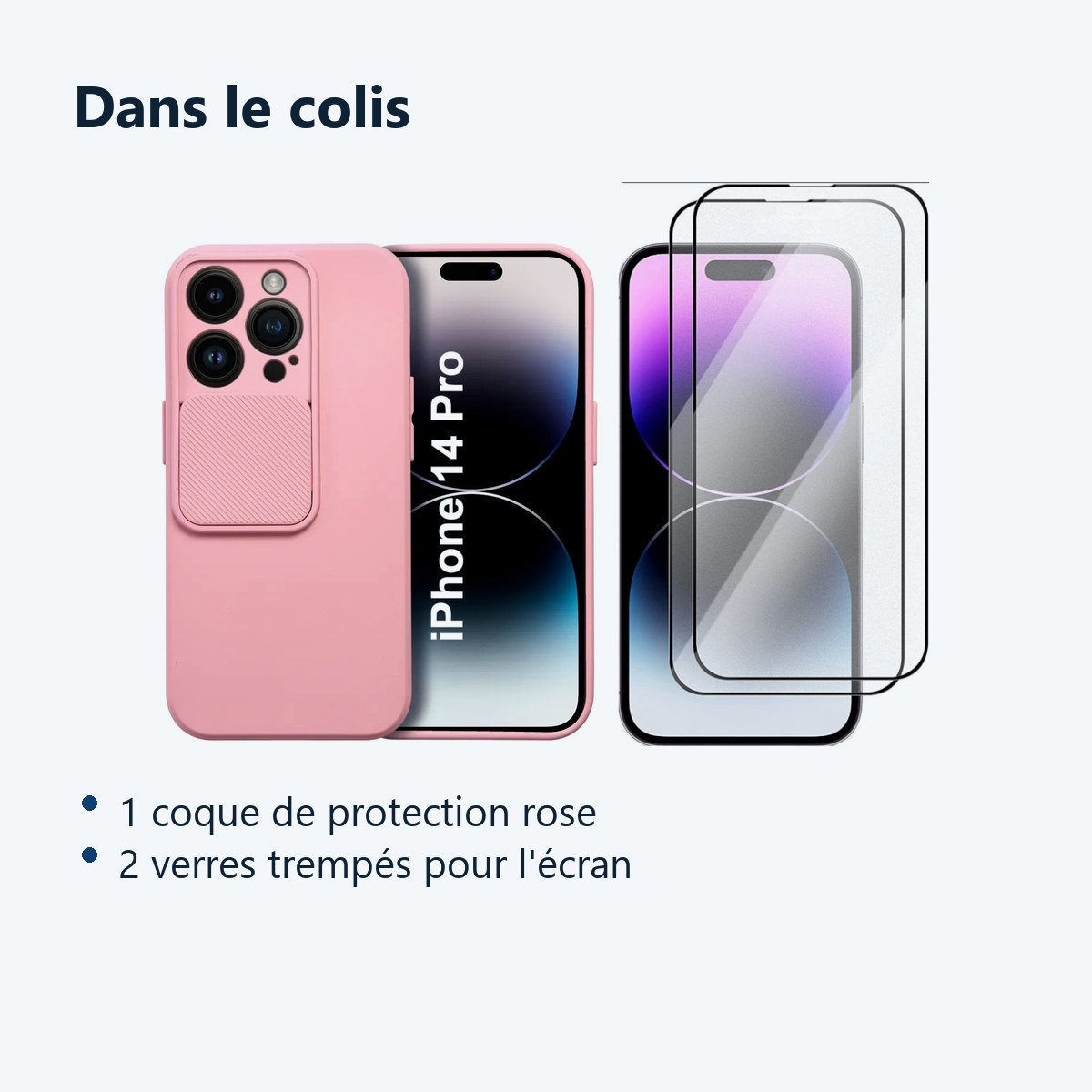 Contenu du colis – Coque Cam Slide couleur Rose + 2 Verres Trempes Pour iPhone 14 Pro