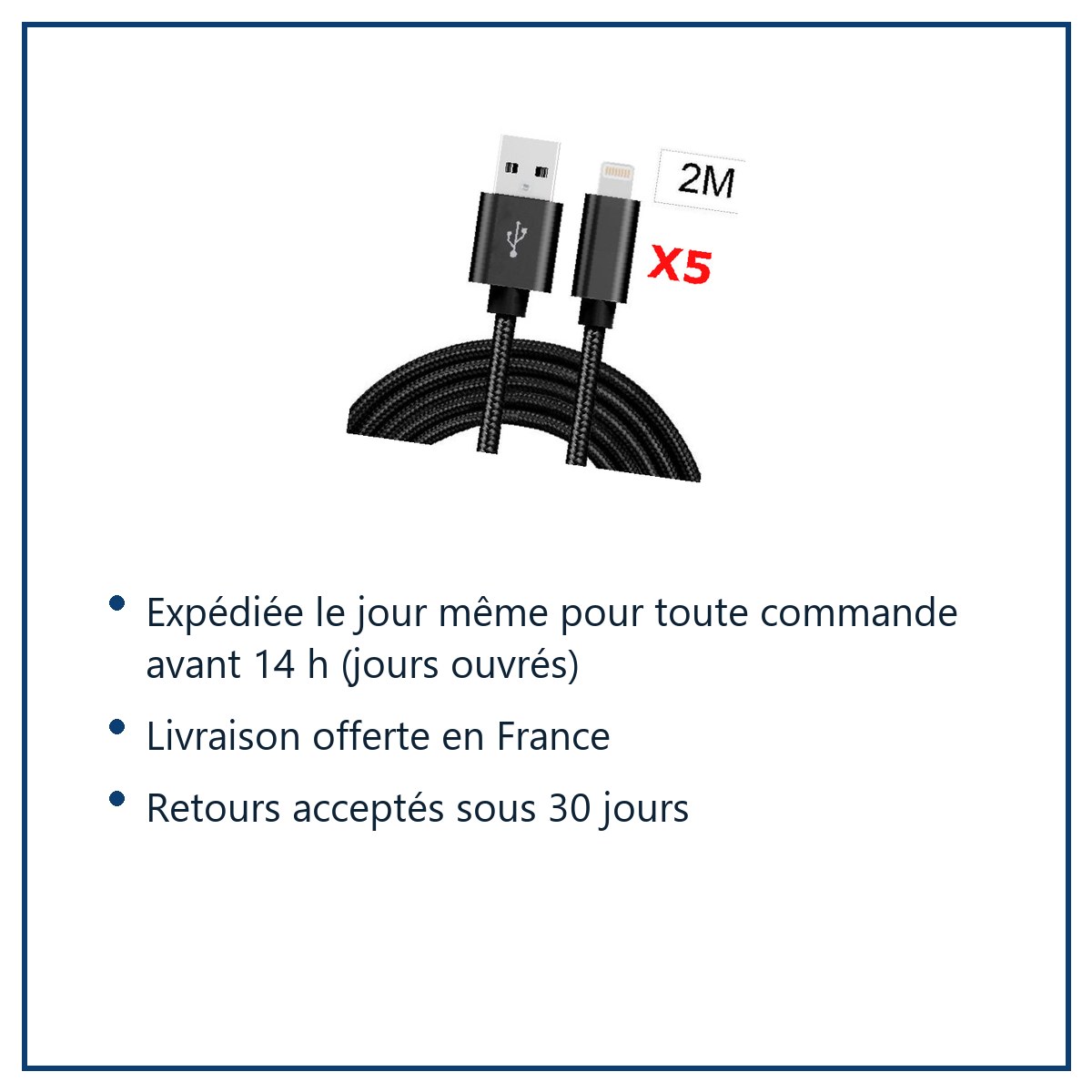 Expédition le jour même, livraison offerte, retours sous 30 jours – X5 Cable Metal Nylon Renforce Chargeur USB Couleur Noir p
