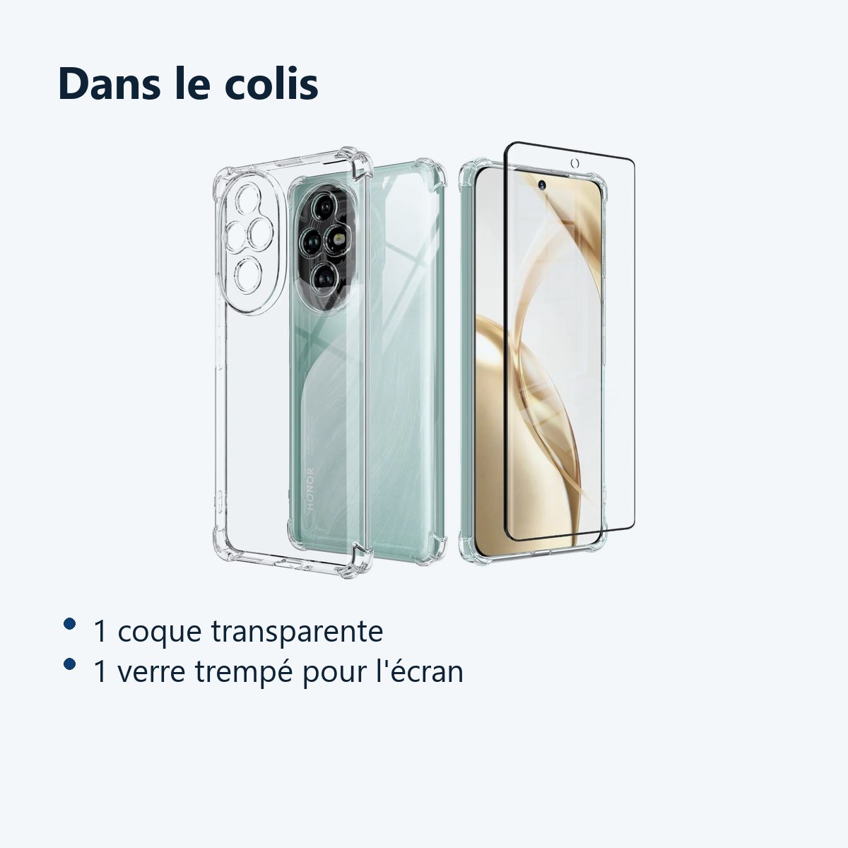 Contenu du colis – Coque Silicone Transparente Angles Renforces + Verre Trempe Pour Honor 200 5G