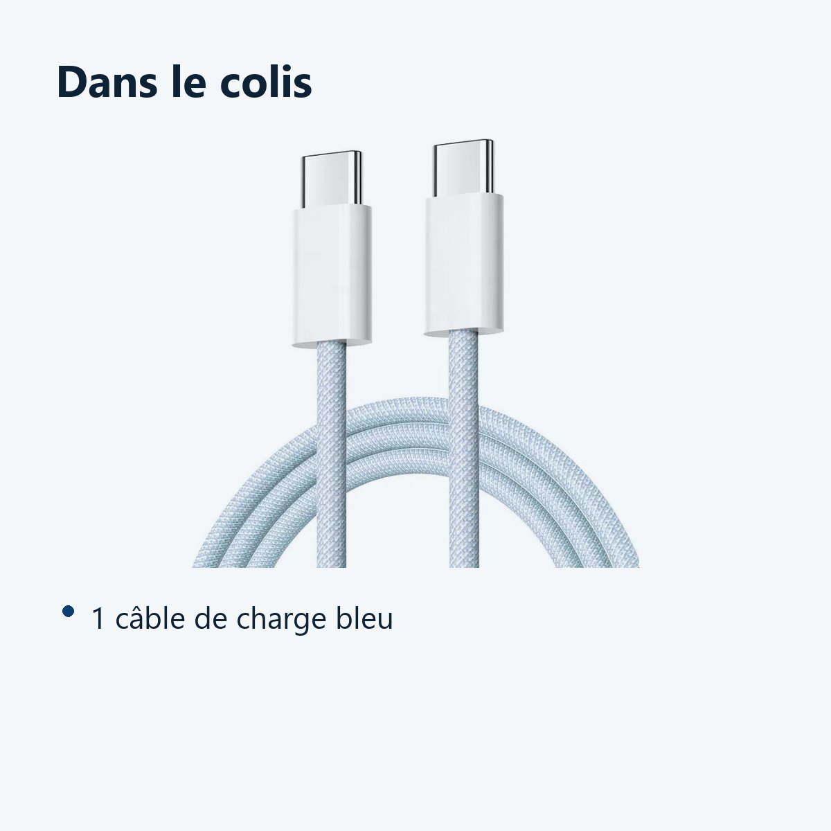 Contenu du colis – Cable Type-C / Type-C Charge Rapide 3A Nylon Renforce Bleu 1M Pour Smartphone Xiaomi / Oppo / Vivo / Real