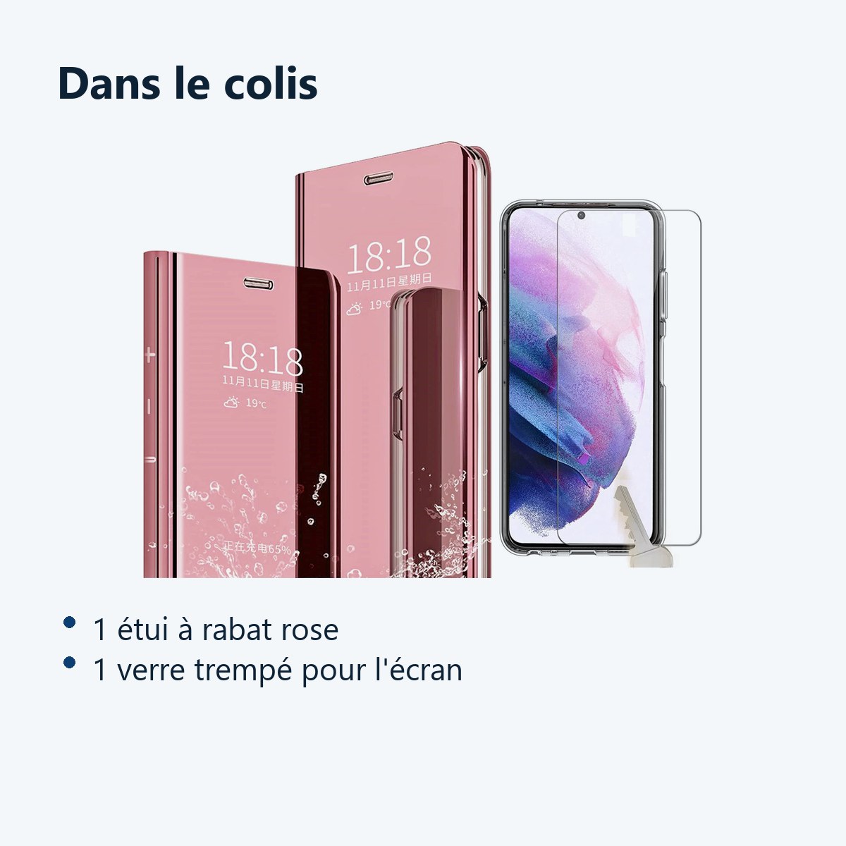 Contenu du colis – Coque Rabat Miroir Rose + Verre Trempe Pour Samsung Galaxy S22 5G