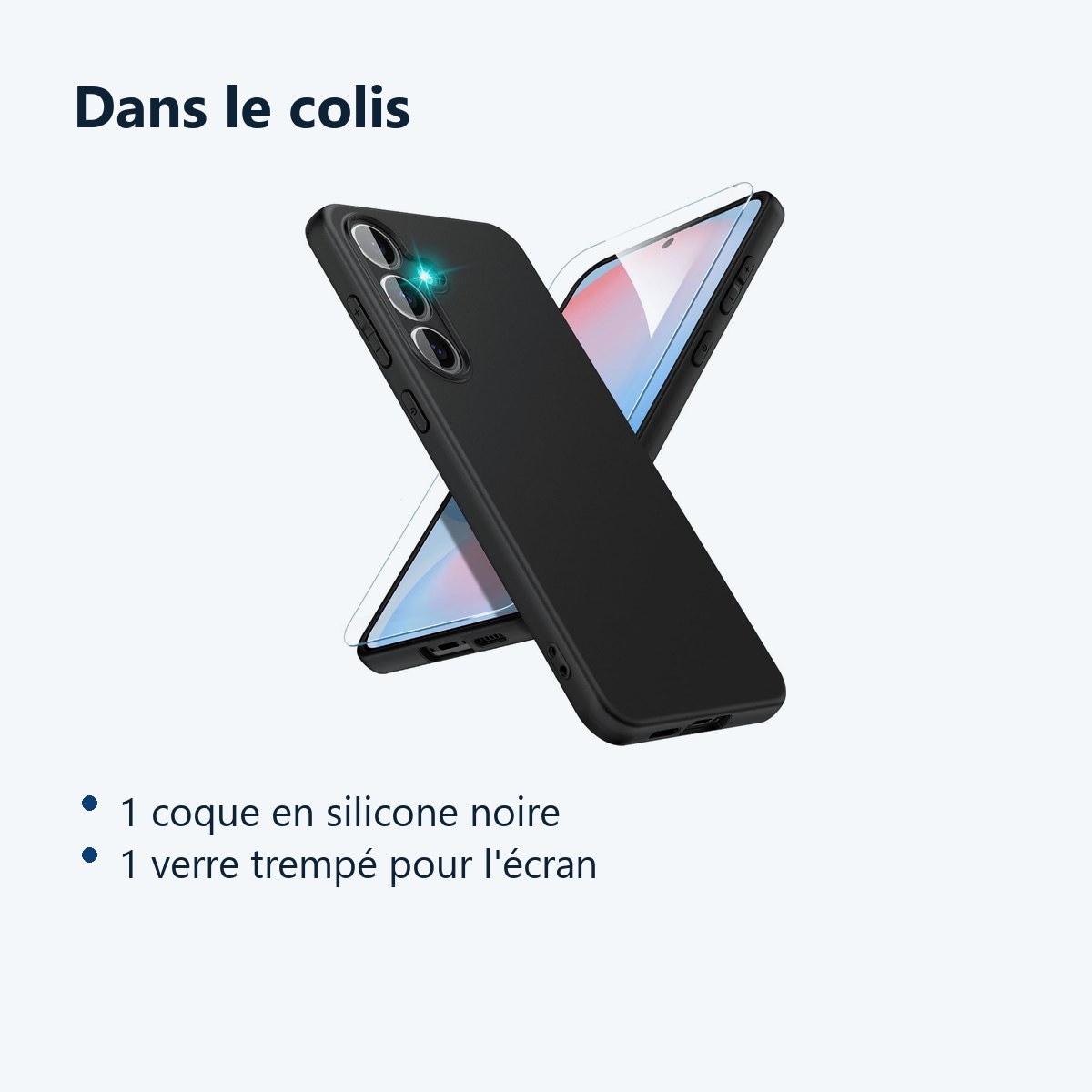 Contenu du colis – Coque Pour Samsung Galaxy S24 FE Silicone Noir + Verre Trempe