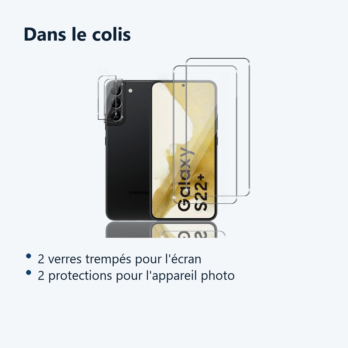 Contenu du colis – Verres Trempes et Protections Camera Arriere Transparent X2 Pour Samsung Galaxy S22 Plus