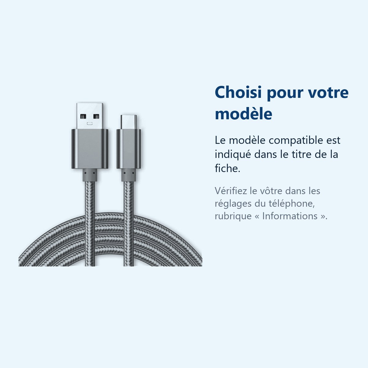 Accessoire ajusté au modèle exact – Cable Type-C Nylon Renforce Longeur 2M Couleur Argent