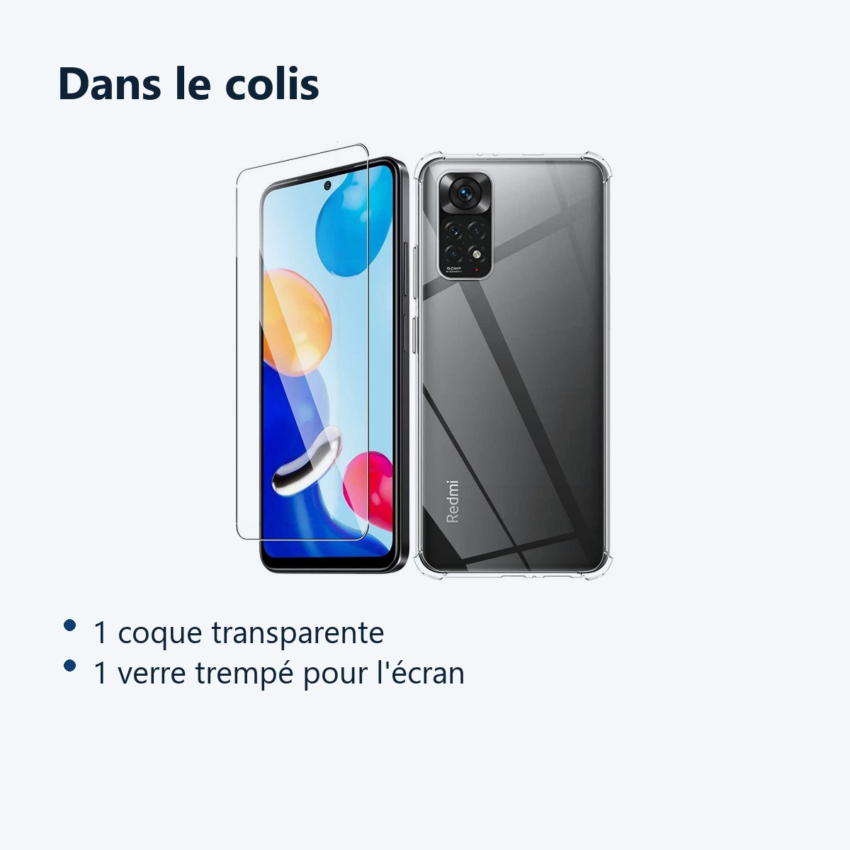 Contenu du colis – Coque Silicone Transparente Angles Renforces + Verre Trempe Pour Xiaomi Redmi Note 11 / Note 11s