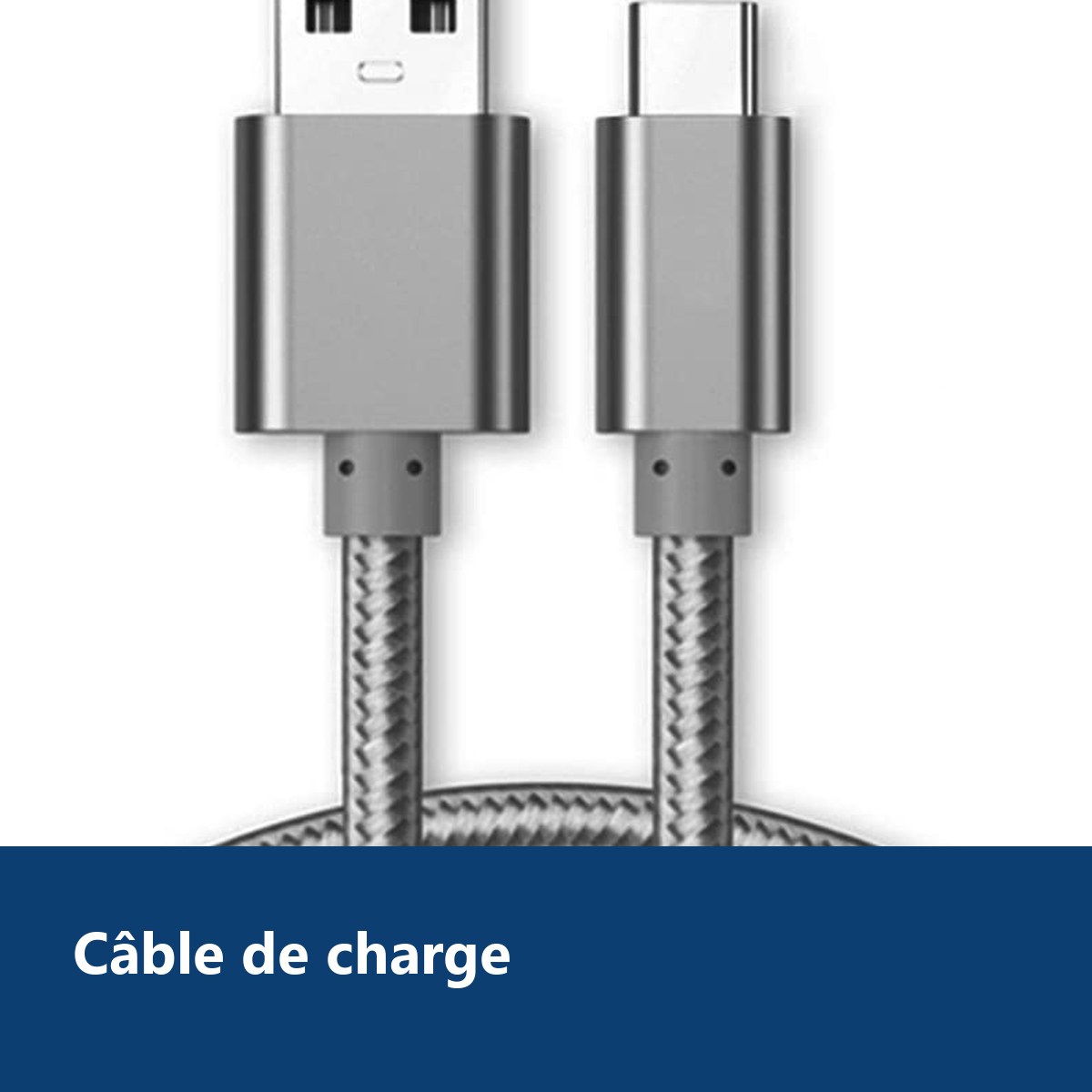 Vue de détail – Cable Type-C Nylon Renforce Longeur 2M Couleur Argent