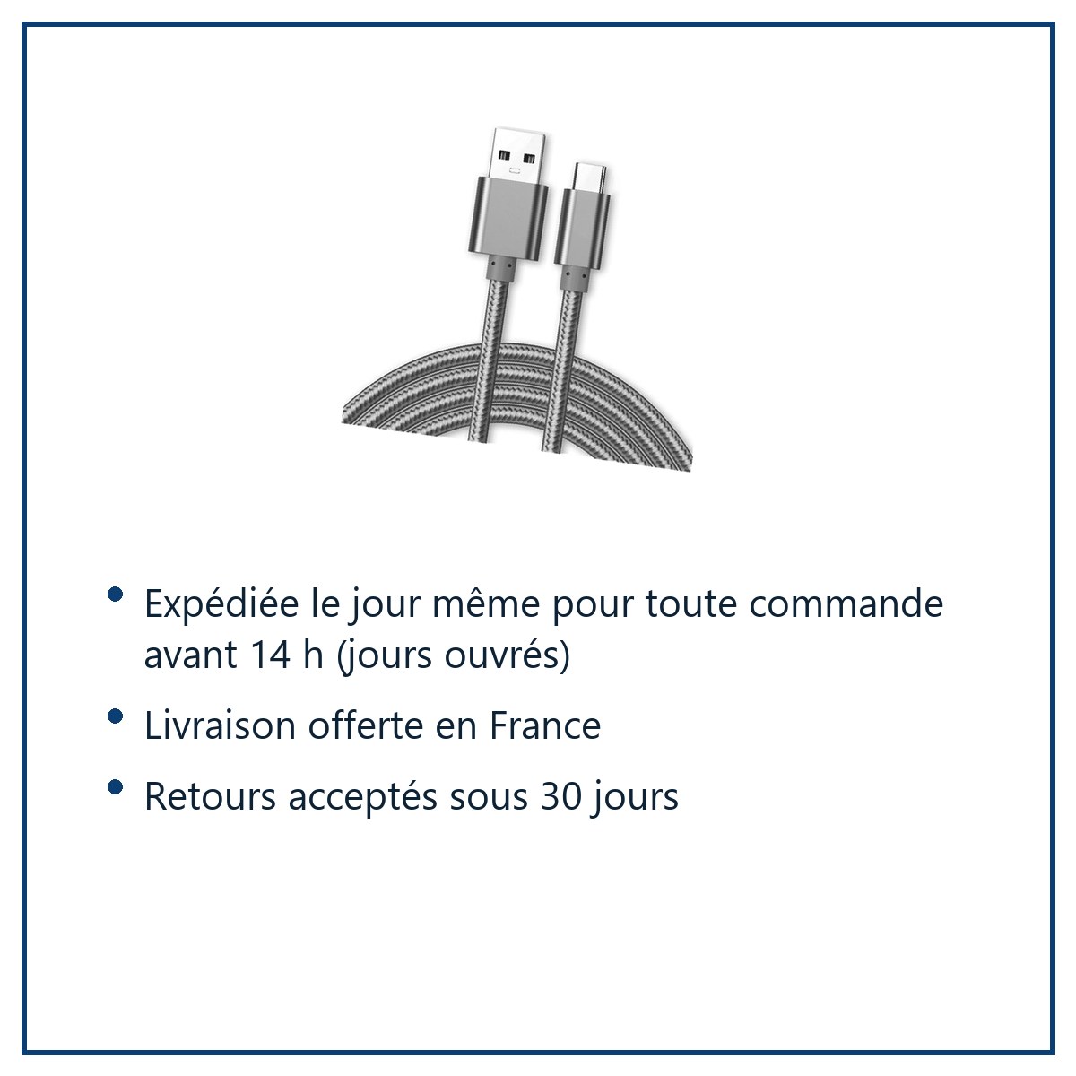 Expédition le jour même, livraison offerte, retours sous 30 jours – Cable Type-C Nylon Renforce Longeur 2M Couleur Argent