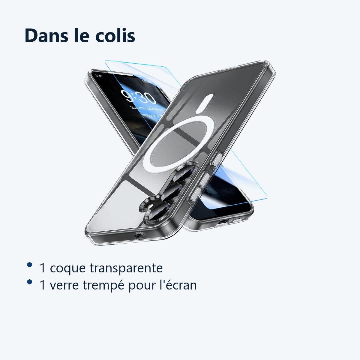 Contenu du colis – Coque Silicone Transparente Compatible Magsafe + Verre Trempes Pour Samsung Galaxy S25