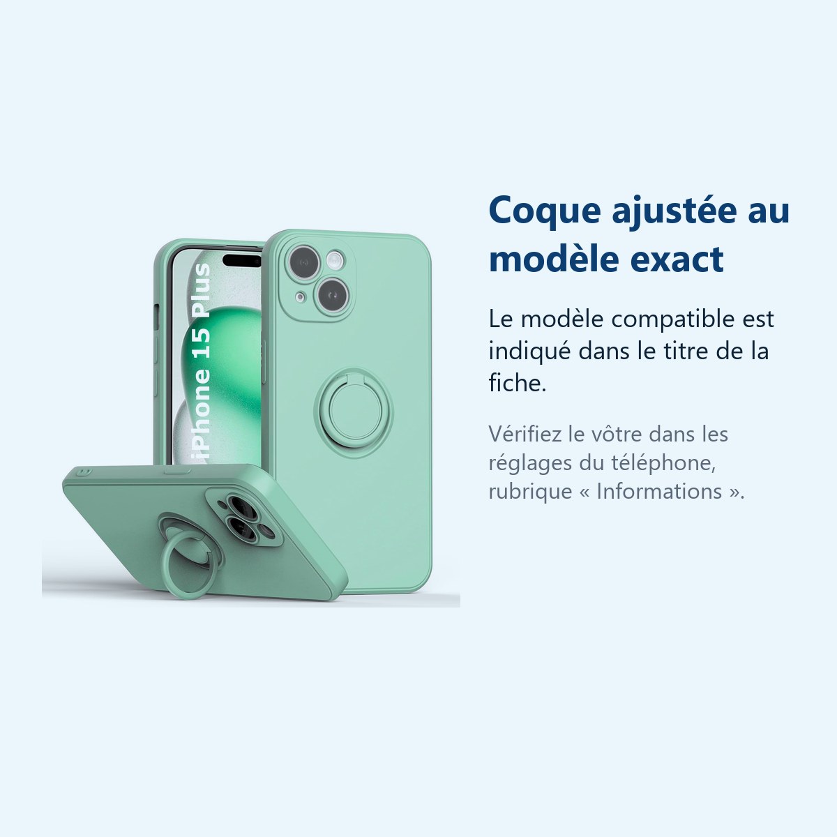 Accessoire ajusté au modèle exact – Coque Silicone Pour iPhone 15 Plus Couleur Vert Avec Anneau Support