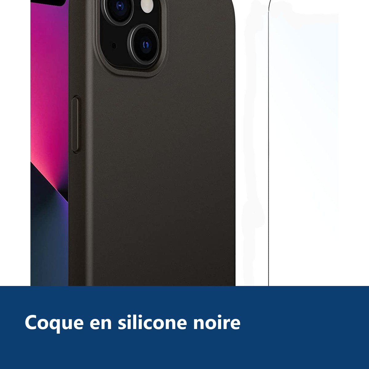 Vue de détail – Coque Silicone Noire Pour iPhone 13 + Verre Trempe