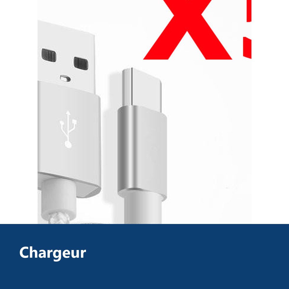 Vue de détail – X5 Câble Metal Nylon Renforcé Chargeur USB/Type C 1,5m Tréssé Couleur Argent Compatible Samsung LG Sony Wiko