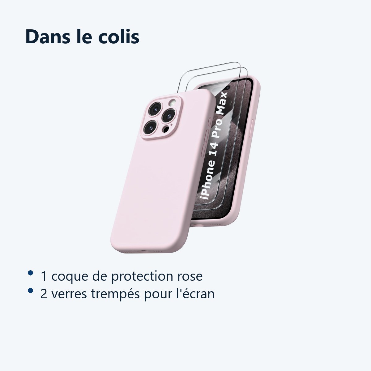 Contenu du colis – Coque Rose pour iPhone 14 Pro Max (6,7 pouces) et 2 Verres Trempé Film Protection Ecran
