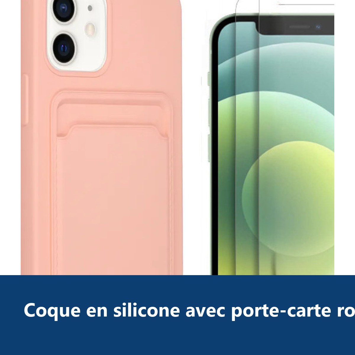 Vue de détail – Coque Silicone avec Porte Carte Rose + 2 Verres Trempes Pour iPhone 12 / 12 Pro