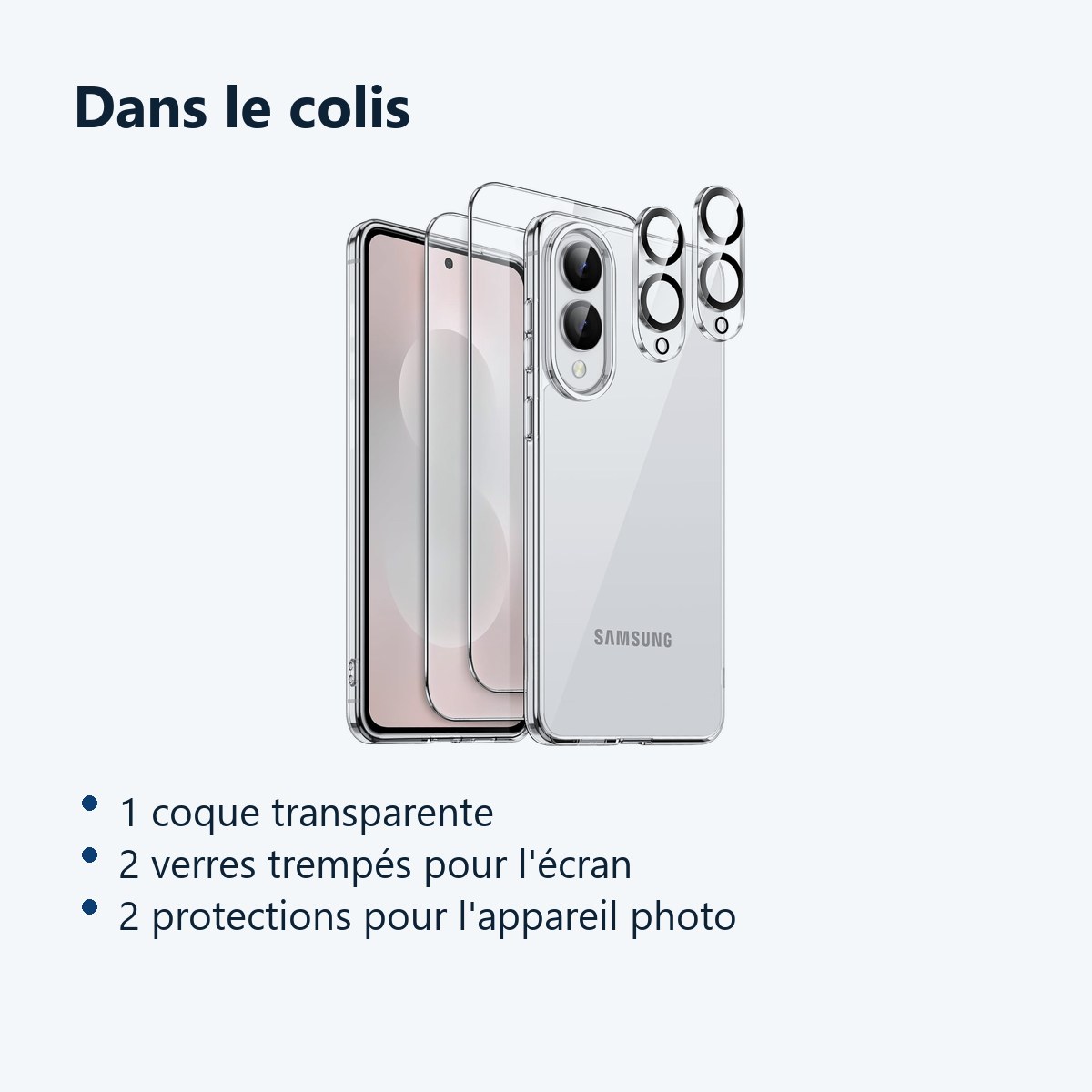 Contenu du colis – Coque Silicone Transparente + Verres Trempes et Protections Camera Arriere Transparent X2 Pour Samsung Gal
